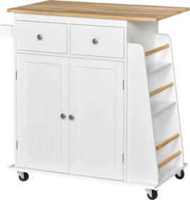 Carrinho de cozinha com ilha, bancada, prateleira para garrafas, suporte para panos de cozinha, 2 gavetas e armário de 2 portas em MDF branco