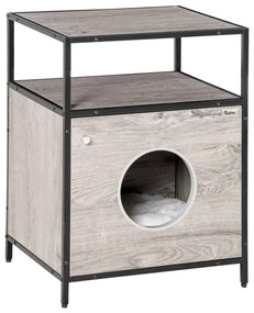 PawHut Casa para Gatos de Madeira com Aparência de Mesa Auxiliar com 2 Prateleiras de Armazenamento Caverna para Gatos com Almofada Removível e Lavável 48x40x65,5cm Carvalho