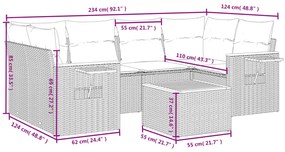 7 pcs conjunto sofás p/ jardim c/ almofadões vime PE cinzento