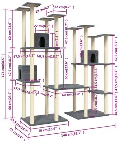 Árvore p/ gatos c/ postes arranhadores sisal 174cm cinza-escuro