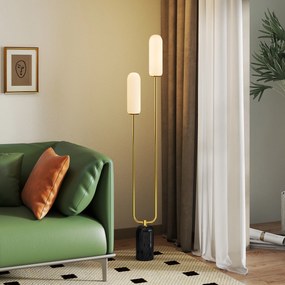 Candeeiro de pé para sala de estar com 2 abajures de vidro, base em mármore e interruptor de pé, branco