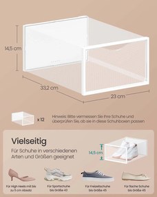 Conjunto de 12 caixas para sapatos com porta 33,2 x 23 x 14,5 cm transparente-branco