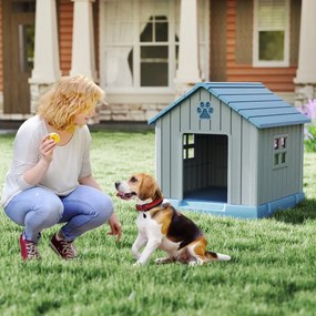 Casota de plástico  para cães 76 x 83 x 83 cm impermeável e isolada com ventilação, piso elevado para interior e exterior, azul + cinza