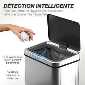 Caixote do lixo com sensor de 40 L, tampa com fecho suave, caixote do lixo de cozinha automático em aço inoxidável, prateado