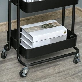HOMCOM Carrinho de Cozinha com Rodas Carrinho de Armazenamento de 3 Níveis e Rodas com Freio para Sala de Estar Dormitório Escritório 46x34,5x76,5cm Preto