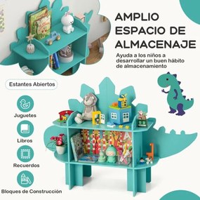Estante de dinossauro de madeira de 2 níveis para crianças Organizador de brinquedos com prateleiras de arrumação abertas Verde