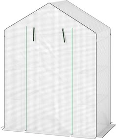 Estufa de jardim 140 x 73 x 190 cm com 1 porta, 2 janelas e 2 prateleiras em forma de U para legumes, plantas e flores; cobertura em PE