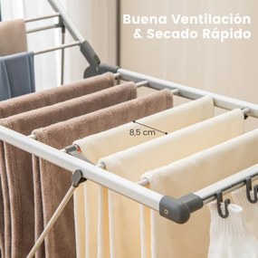 Estendal de roupa duplo de alumínio de 5 camadas com altura ajustável, 21 rodas de secagem, 10 clipes laterais e 4 porta-sapatos Prata e Cinza