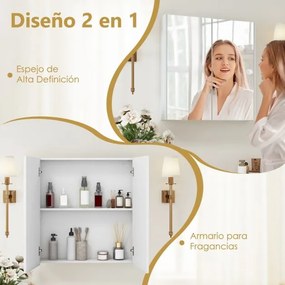 Armário de parede para casa de banho 62 x 65 cm com portas duplas espelhadas e Estante ajustável Branco