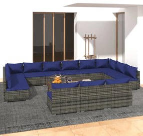 vidaXL 13 pcs conjunto lounge de jardim c/ almofadões vime PE cinzento