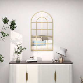 Espelho com vidro em arco, estilo industrial, janela em arco de metal, 110 x 65 cm, dourado