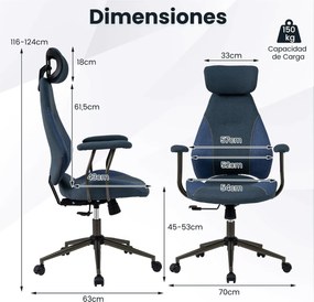 Cadeira de escritório ergonómica com encosto basculante, apoio de cabeça 2D e tecido de linho azul