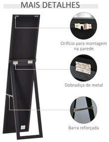 Espelho de Pé de Corpo Inteiro Espelho de Parede com 2 Formas de Uso para Dormitórios Corredor 37x48x152cm Preto