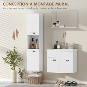 Conjunto de móveis de casa de banho de 4 peças, de parede, com espelho, móvel de lavatório, lavatório e armário alto, branco