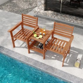 Sofá de jardim de 2 lugares com mesa de café em madeira com orifício para guarda-sol para jardim, piscina, varanda, terraço Castanho