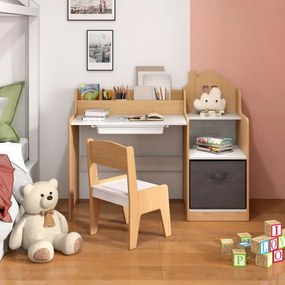 Conjunto de mesa e cadeira de estudo para crianças Mesa para crianças com estantes abertas Gaveta- natural