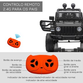 Jipe Elétrico para Crianças com Bateria de 12V 2 Motores Controlo Remoto 2,4G Faróis Buzina Velocidade Ajustável 100x65x72 cm Preto