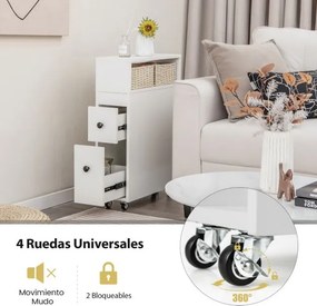 Armário de casa de banho móvel com rodas com gavetas deslizantes Cestos de vime extraíveis Suporte para escovas de sanita 50 x 19 x 72 cm Branco