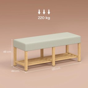 Banco entrada para sapatos 120 x 44 x 48 cm, banco com espaço de arrumação e assento almofadado, prateleira aberta, bege, efeito de madeira natural