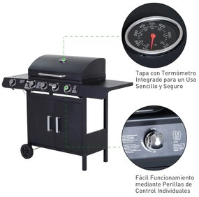 Outsunny Barbecue a Gás com 4+1 Queimadores 14,4KW Mesas Laterais Armário de Armazenamento Termômetro e 2 Rodas Aço Inoxidável 125x51x100cm Preto