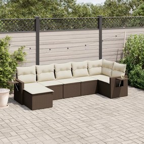 7 pcs conjunto de sofás jardim c/ almofadões vime PE castanho
