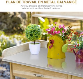 Mesa de jardinagem com 2 prateleiras, gaveta, armário, tabuleiro de chapa de aço galvanizado com rebordo, 3 ganchos em madeira de abeto