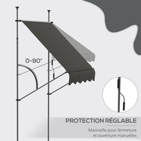 Toldo retrátil manual autoportante, 1,5 m (L) x 1,2 m (P) x 2,1–3 m (A), inclinação ajustável, metal, alumínio e poliéster cinzento escuro
