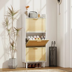 Sapateira com 3 portas basculantes e prateleira com efeito de resina trançada, estilo boémio, 65 x 24,5 x 153 cm, branco