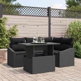 Conjunto de Sofá de Jardim de 5 Peças com Almofadas Preto em Rattan Si