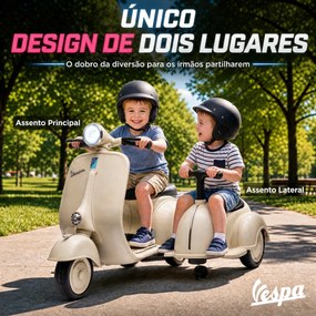 Mota Elétrica Infantil 6V VESPA com 2 Assentos Arranque Suave Luz Música USB e Arrumação Creme