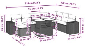 9 pcs conjunto sofás p/ jardim c/ almofadões vime PE castanho