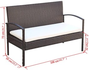 4 pcs conjunto lounge jardim c/ almofadões vime PE castanho
