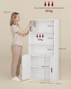 Estante com 5 prateleiras e porta, 60 x 24 x 145,9 cm Branco