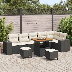 vidaXL Conjunto de Sofá para Jardim com 9 Peças e Almofadas de Rattan Poliéster Preto Acácia