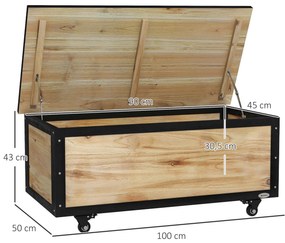 Baú de Exterior 121 L Baú de Armazenamento em Madeira com 4 Rodas para Jardim Pátio Varanda 100x50x43 cm Natural e Preto
