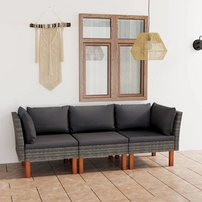 vidaXL Sofá de jardim de 3 lugares com almofadões vime PE cinzento