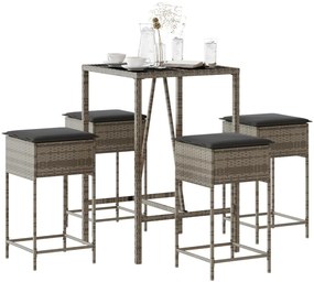 vidaXL 5 pcs conjunto de bar p/ jardim c/ almofadões vime PE cinzento