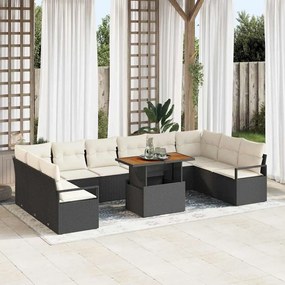 Conjunto de Sofá de Jardim vidaXL de 11 Peças com Almofadas Preto Rattan Poliéster Acácia