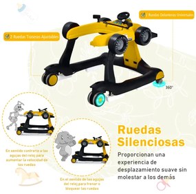 Andador 4 em 1 para crianças, dobrável, atividade de empurrar, com altura ajustável e carrilhão de velocidade com luzes, volante Amarelo