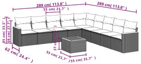 10 pcs conjunto sofás de jardim c/ almofadões vime PE preto