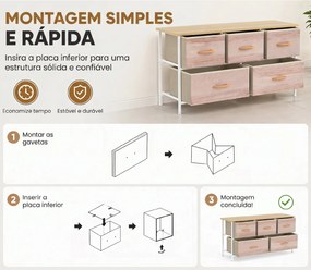 Cómoda com 5 Gavetas de Tecido Cómoda para Quarto Estrutura Metálica 100x30x51.5 cm Madeira e Branco