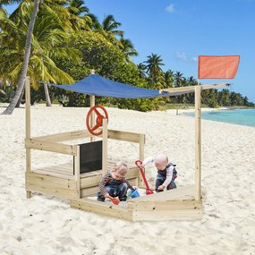 Caixa de Areia Infantil de Madeira Desenho de Barco a Vela Toldo Quadro Negro bandeira Vermelha e Volante Caixa de Areia de Jardim para Crianças