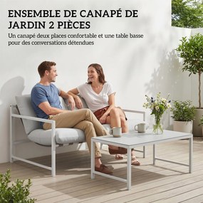 Conjunto de jardim de 2 peças, sofá com almofadas, mesa de centro em vidro temperado com efeito mármore 3D, 125 x 80 x 64 cm, cinzento claro