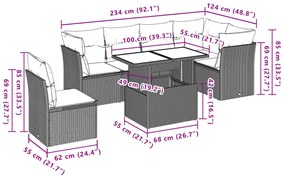 7 pcs conjunto de sofás jardim c/ almofadões vime PE castanho