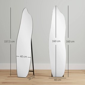 Espelho de Pé 160x40 cm sem Moldura Espelho de Corpo Inteiro Forma Irregular com Suporte Metálico Preto