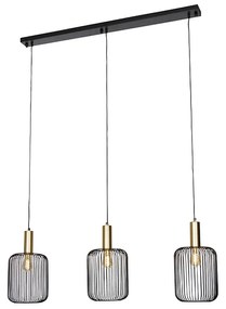 Candeeiro suspenso de design preto com 3 luzes douradas - Mayelle Industrial,Moderno