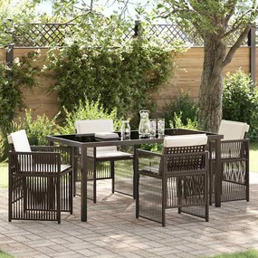 vidaXL Conjunto de Jantar para Jardim 5 Peças com Almofadas Castanhas em Rattan Sintético