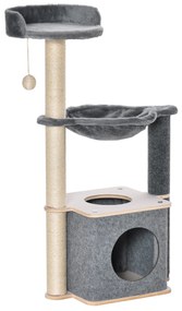 PawHut Árvore Arranhador para Gatos Árvore para Escalar Brincar e Descansar com Rede Plataformas Caverna Bola Suspensa e Poste de Sisal para Aranhar 48x34x95cm Cinza