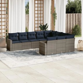 vidaXL 10 pcs conjunto sofás p/ jardim c/ almofadões vime PE cinzento