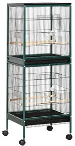 Pawhut Grande Gaiola para Pássaros em Pé Dupla com Comedouros Poleiros Bandeja Removível Rodízios 51,5x50x140 cm | Aosom Portugal